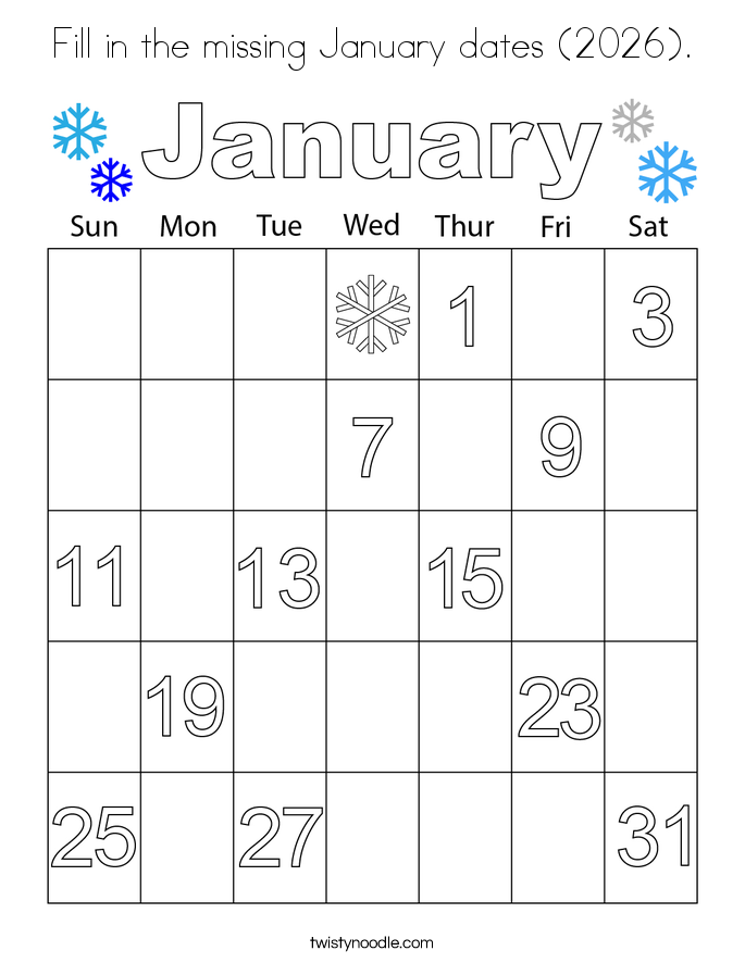 Fill in the missing January dates (2026). Coloring Page