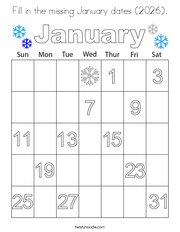 Fill in the missing January dates (2026) Coloring Page