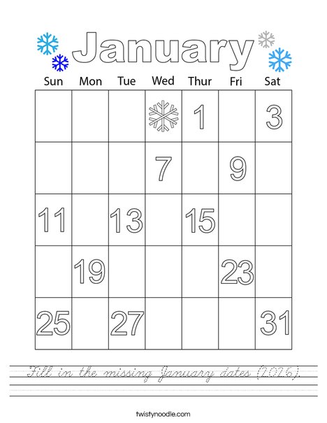 Fill in the missing January dates (2026). Worksheet