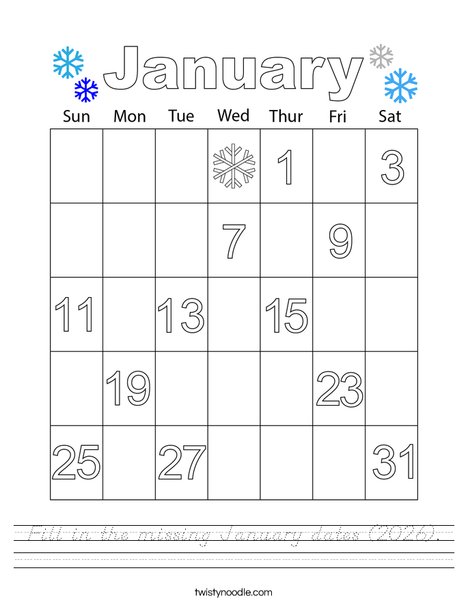 Fill in the missing January dates (2026). Worksheet