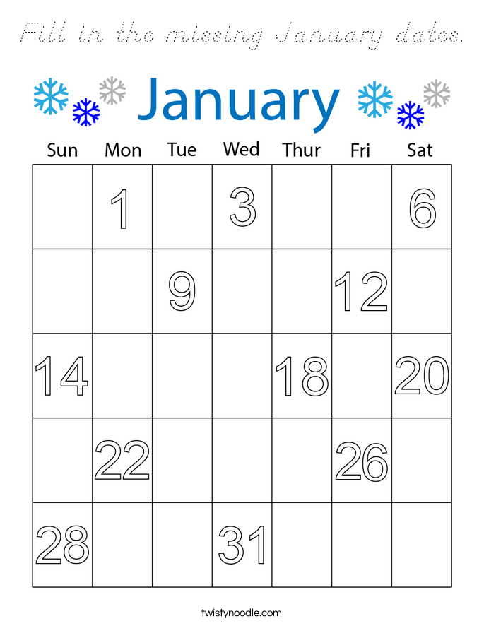 Fill in the missing January dates. Coloring Page