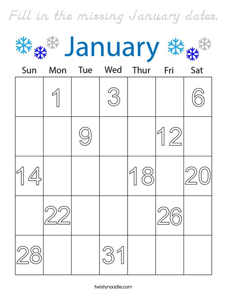 Fill in the missing January Dates Coloring Page