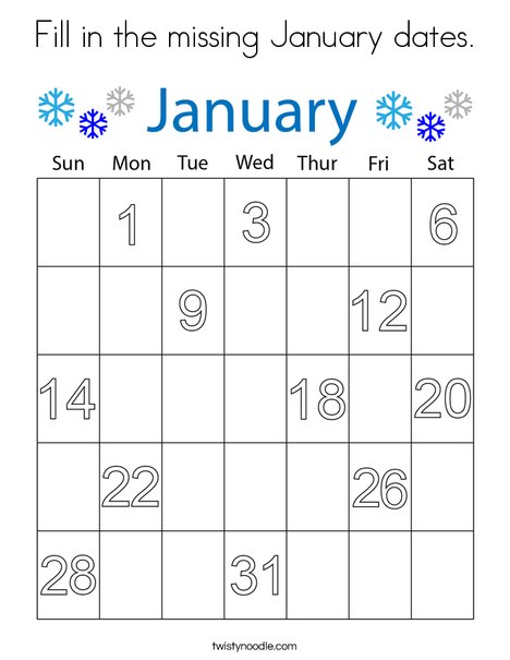 Fill in the missing January Dates Coloring Page