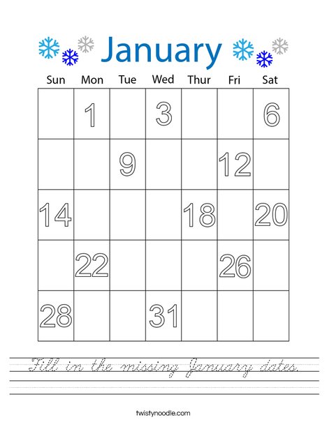 Fill in the missing January Dates Worksheet