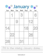 Fill in the missing January dates Handwriting Sheet