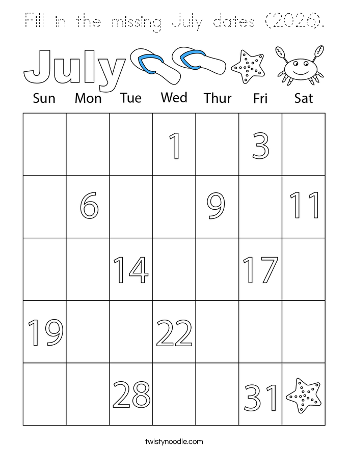 Fill in the missing July dates (2026). Coloring Page