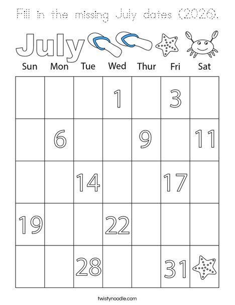 Fill in the missing July dates (2026). Coloring Page