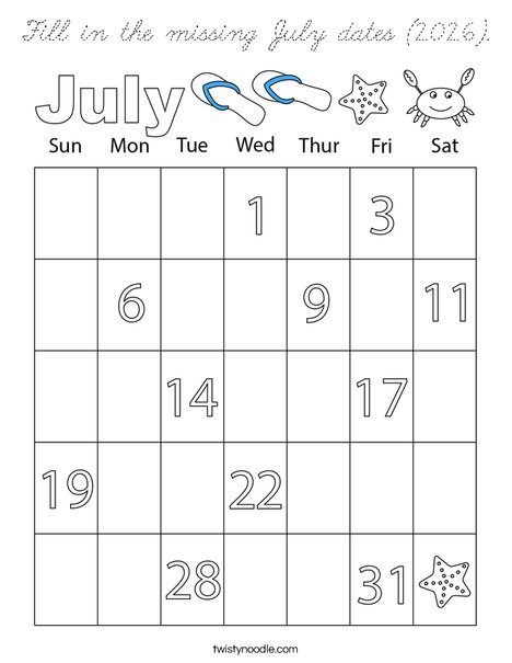 Fill in the missing July dates (2026). Coloring Page
