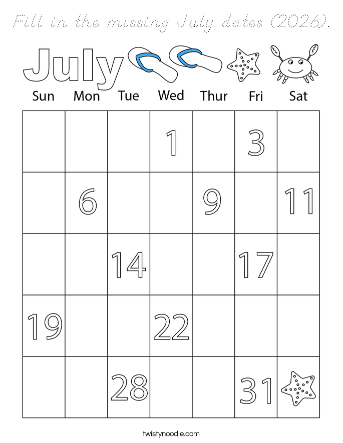 Fill in the missing July dates (2026). Coloring Page