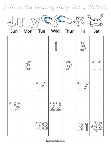 Fill in the missing July dates (2026). Coloring Page