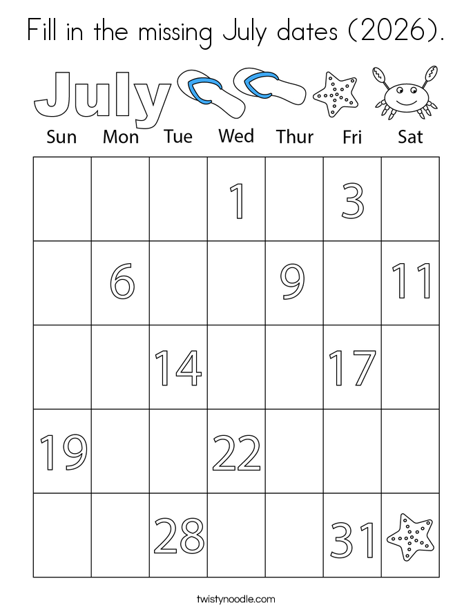 Fill in the missing July dates (2026). Coloring Page