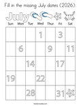 Fill in the missing July dates (2026). Coloring Page