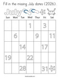 Fill in the missing July dates (2026) Coloring Page