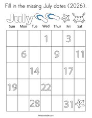 Fill in the missing July dates (2026) Coloring Page