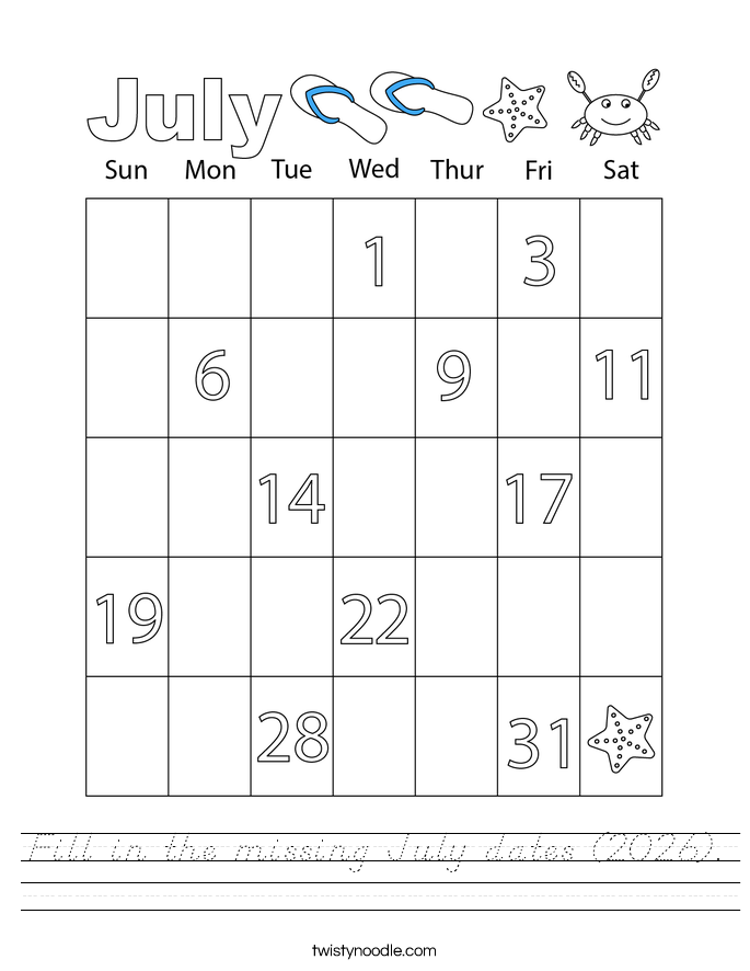 Fill in the missing July dates (2026). Worksheet