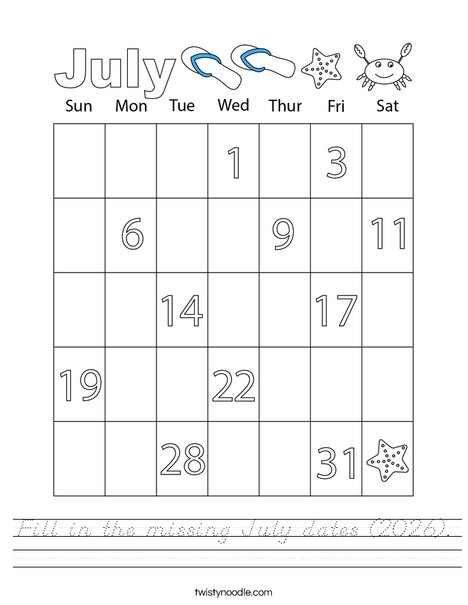 Fill in the missing July dates (2026). Worksheet