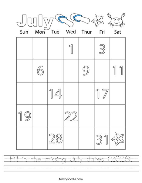 Fill in the missing July dates (2026). Worksheet