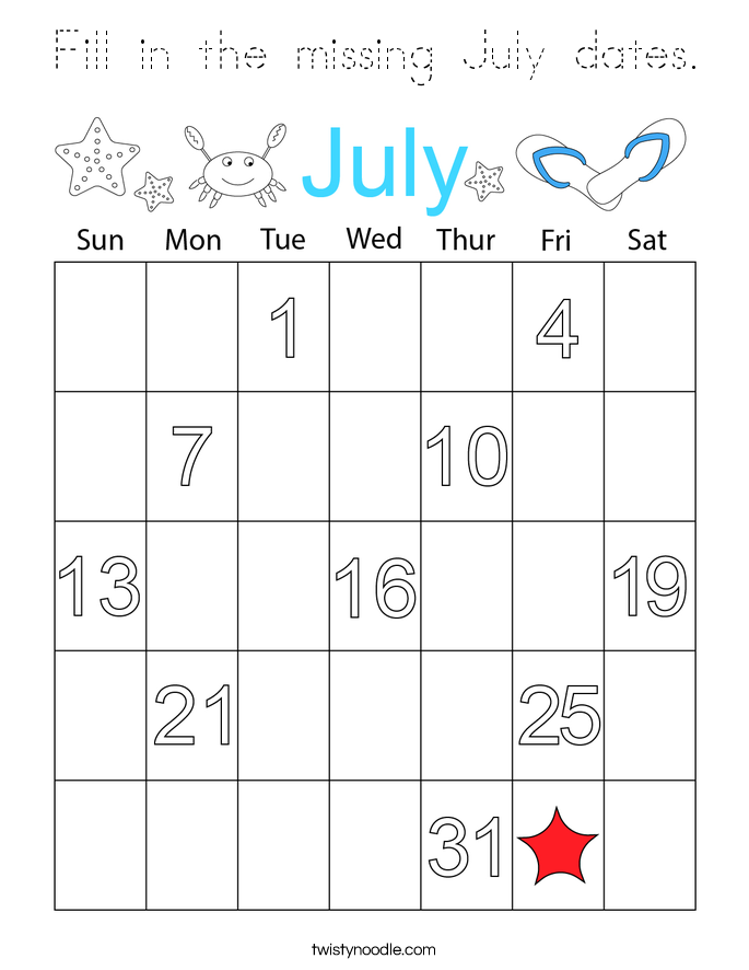 Fill in the missing July dates. Coloring Page