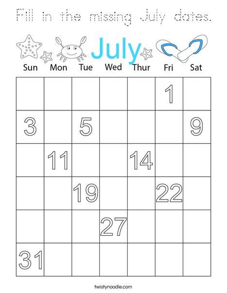 Fill in the missing July dates. Coloring Page