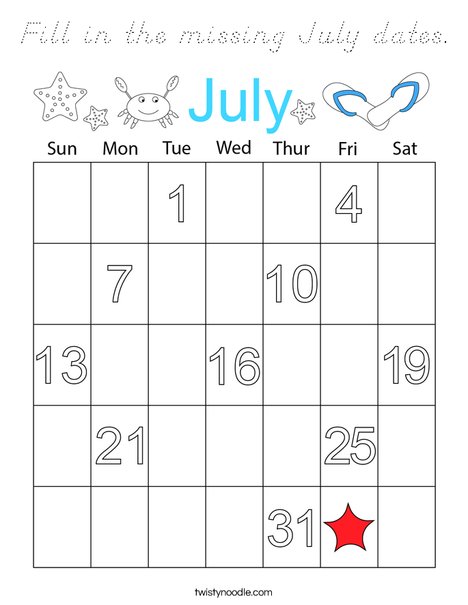 Fill in the missing July dates. Coloring Page