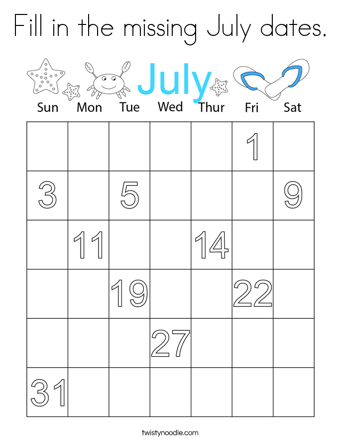 Fill in the missing July dates. Coloring Page