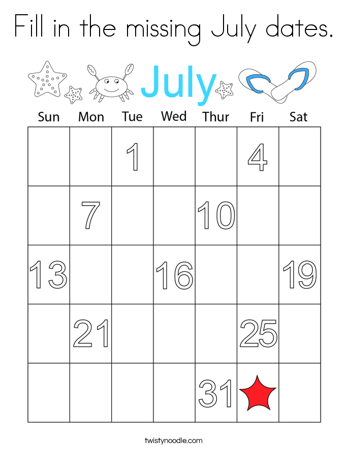 Fill in the missing July dates. Coloring Page
