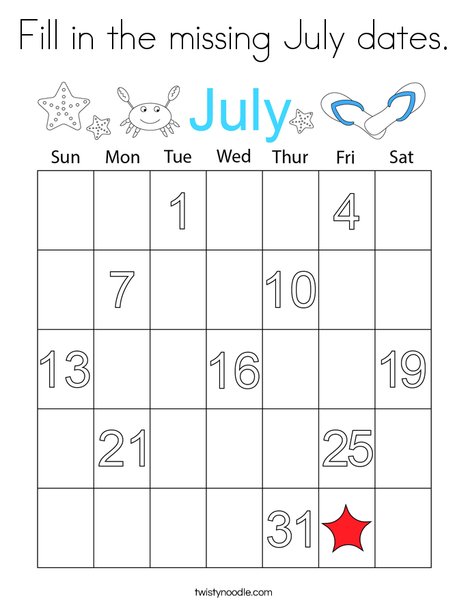 Fill in the missing July dates. Coloring Page