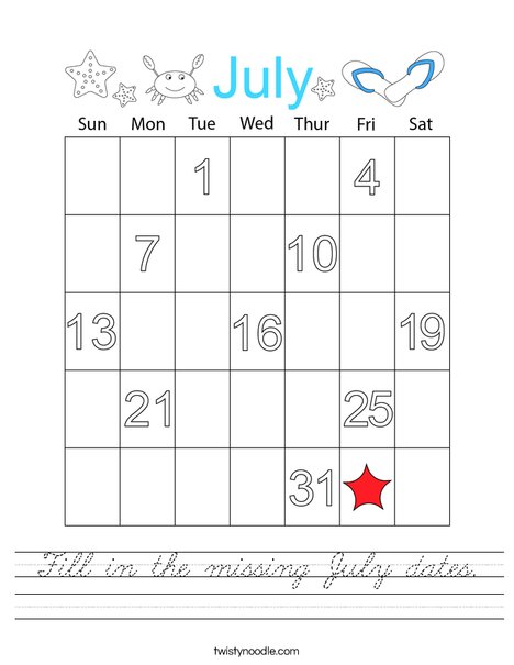 Fill in the missing July dates. Worksheet