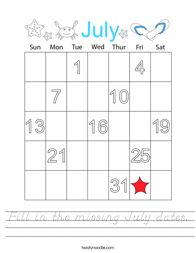 Fill in the missing July dates. Worksheet