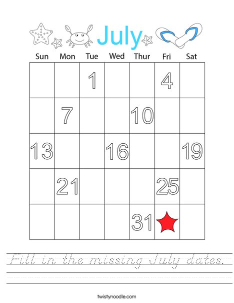 Fill in the missing July dates. Worksheet