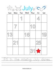 Fill in the missing July dates Handwriting Sheet
