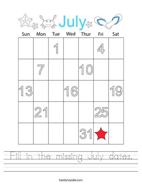 Fill in the missing July dates. Worksheet