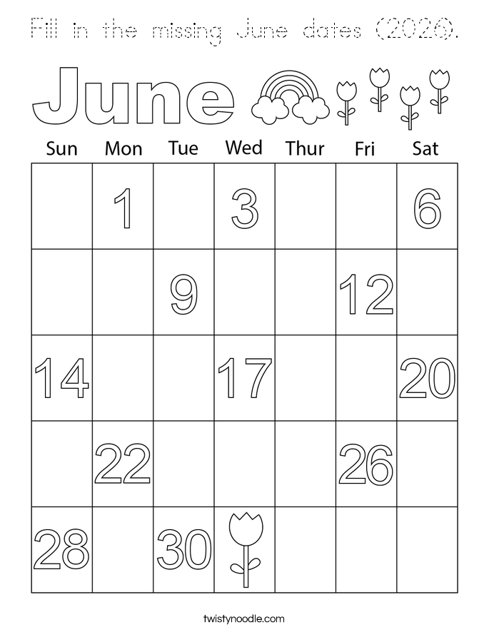 Fill in the missing June dates (2026). Coloring Page