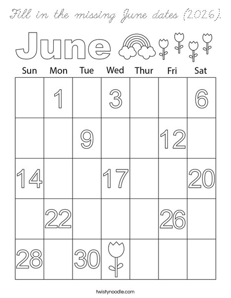 Fill in the missing June dates (2026). Coloring Page