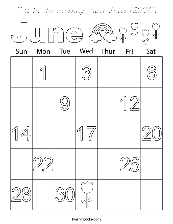 Fill in the missing June dates (2026). Coloring Page