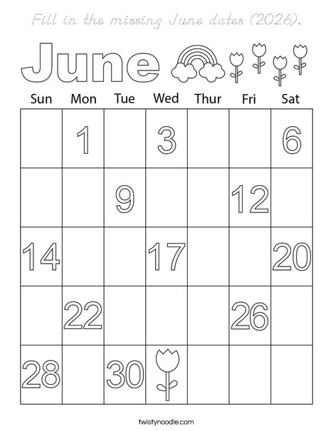 Fill in the missing June dates (2026). Coloring Page