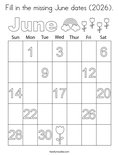 Fill in the missing June dates (2026). Coloring Page