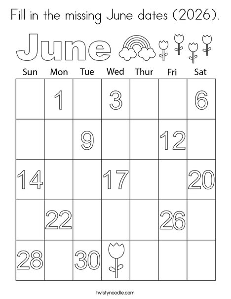 Fill in the missing June dates (2026). Coloring Page