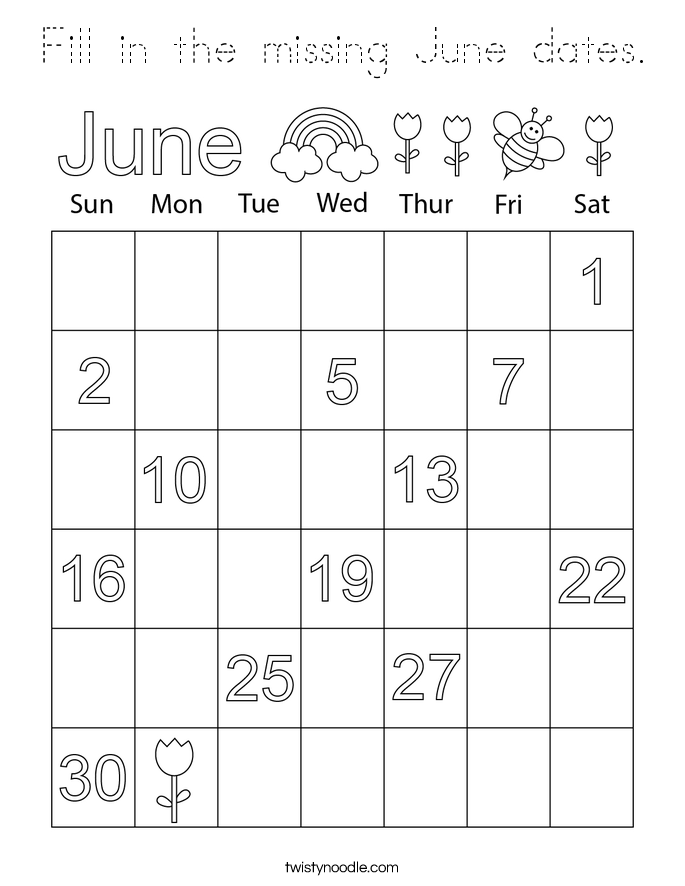 Fill in the missing June dates. Coloring Page