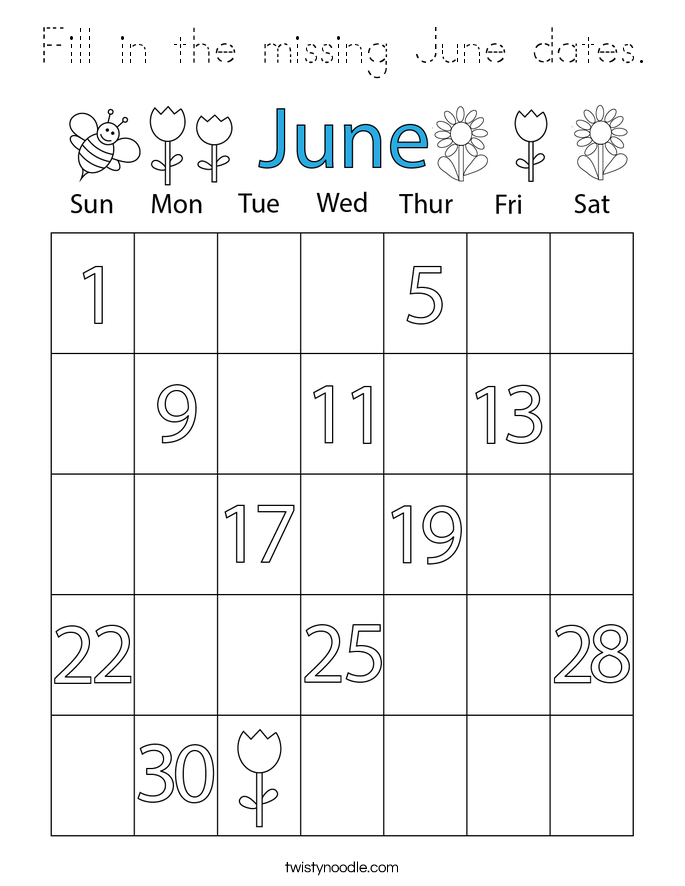 Fill in the missing June dates. Coloring Page