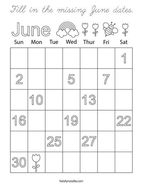 Fill in the missing June dates. Coloring Page