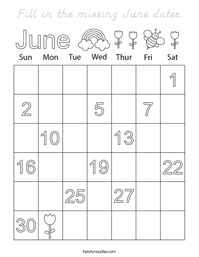 Fill in the missing June dates. Coloring Page