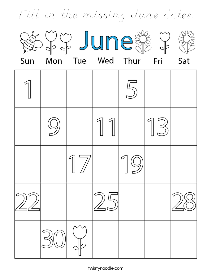 Fill in the missing June dates. Coloring Page