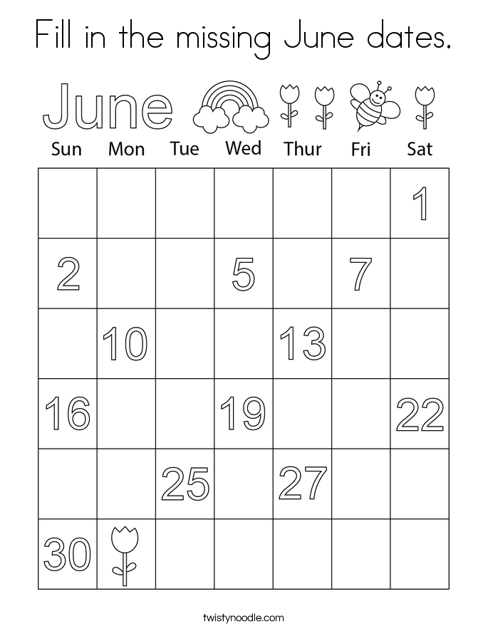 Fill in the missing June dates. Coloring Page