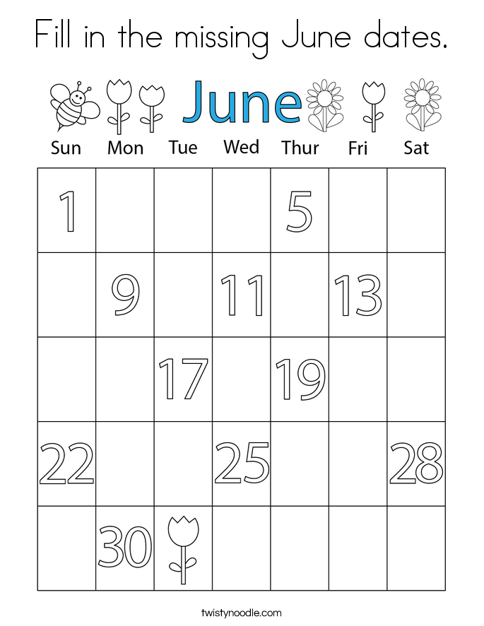 Fill in the missing June dates. Coloring Page