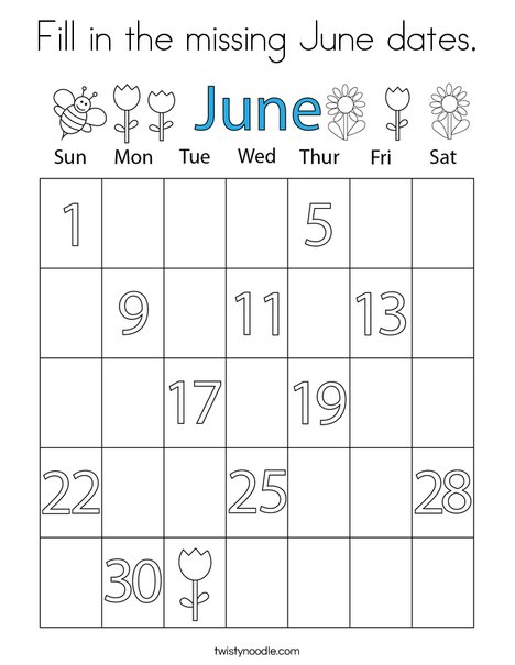 Fill in the missing June dates. Coloring Page