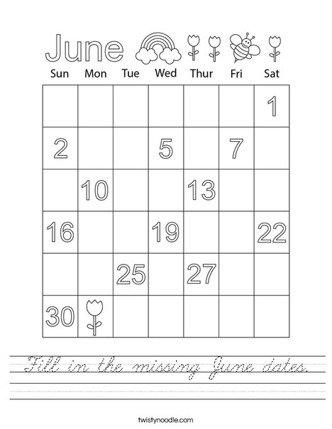 Fill in the missing June dates. Worksheet