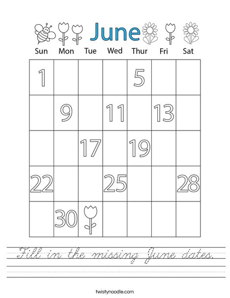 Fill in the missing June dates. Worksheet