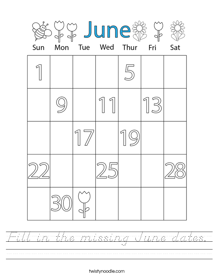 Fill in the missing June dates. Worksheet