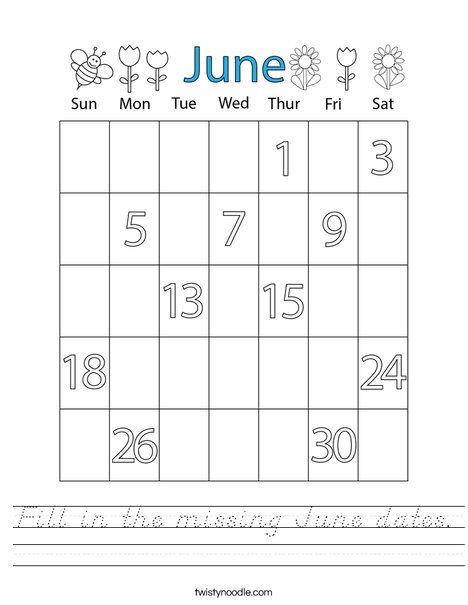 Fill in the missing June dates. Worksheet